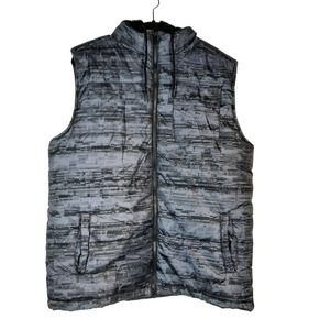 ECKO UNLTD MEN'S L BLACK GRAY PUFFER HOODIE VEST LOGO‎ ZIP CLOSURE POCKETS